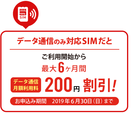 データ通信SIMのお申込みで最大6ヶ月間200円/月割引!