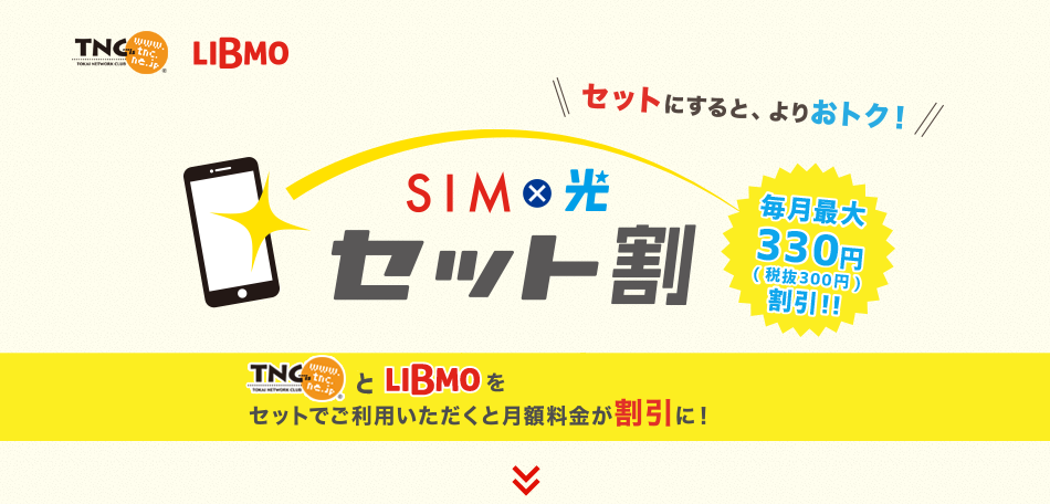 セットにするとよりおトク！sim×光セット割 毎月最大330円（税抜300円）割引！