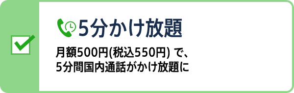 5分かけ放題   月額500円(税込550円) で、5分間国内通話がかけ放題に