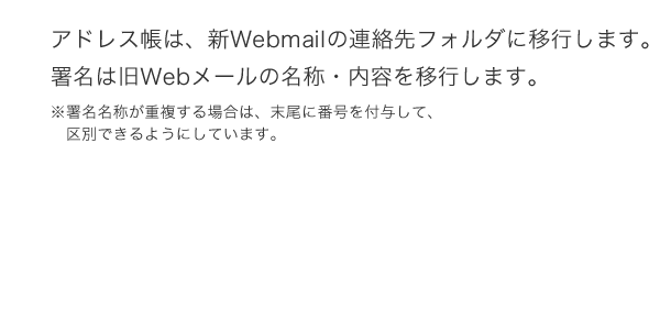 アドレス帳は新webmailの連絡先フォルダーに移行します。署名は旧webmailの名称・内容を移行します。