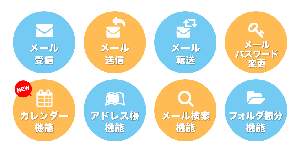 メールの送受信、転送、パスワード変更、カレンダー、アドレス帳、メール検索、フォルダ振り分け