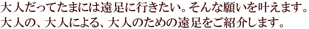 大人だってたまには遠足に行きたい。そんな願いを叶えます。大人の、大人による、大人のための遠足をご紹介します。