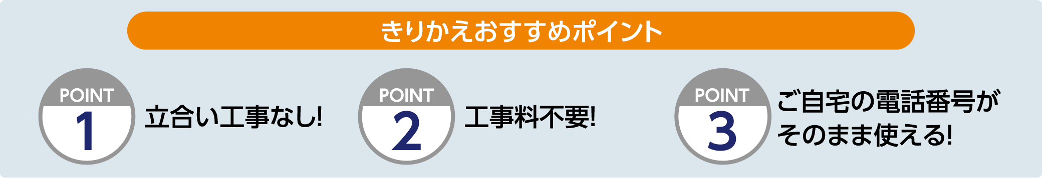 きりかえおすすめポイント：立会工事なし！工事料不要！ご自宅の電話番号がそのまま使える！